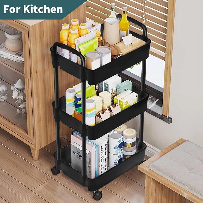 EZ COZY 3 Tier Rolling Cart, Plastic Diaper Cart Organizer with Wheels, Roller Cart for Diapers, Baby Nursery, Kitchen, Bathroom, Living Room and Bedside, Black