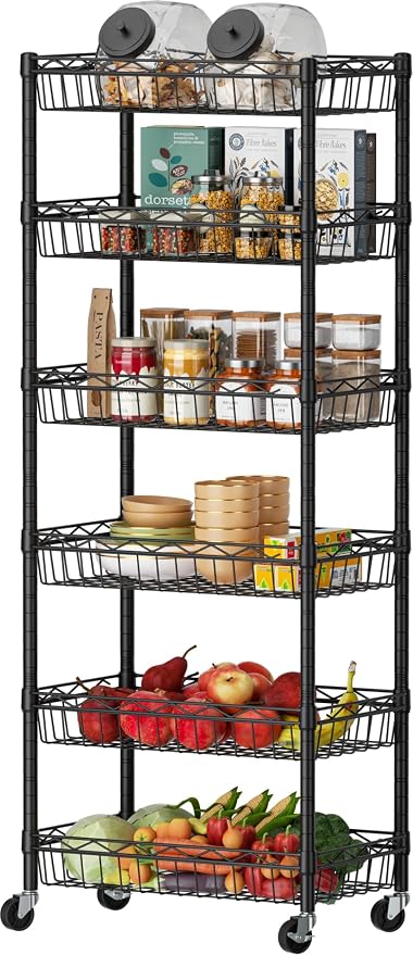 SINGAYE 6 Tier Shelf Wire Shelving Adjustable Storage Shelves Basket Rack | Adjustable Shelves with Wheels Metal Storage Unit Closet Bathroom Organizers Pantry Kitchen Garage Laundry Room Black