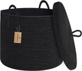18" X 14" Large Black Basket with Lid, Cotton Rope Storage Basket for Blanket, Toy, Pillow, Towel, Living Room Bedroom Storage Bin, Wicker Woven All Black Organizing Bin with Cover