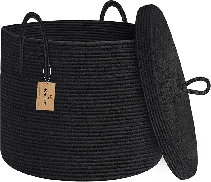 18" X 14" Large Black Basket with Lid, Cotton Rope Storage Basket for Blanket, Toy, Pillow, Towel, Living Room Bedroom Storage Bin, Wicker Woven All Black Organizing Bin with Cover