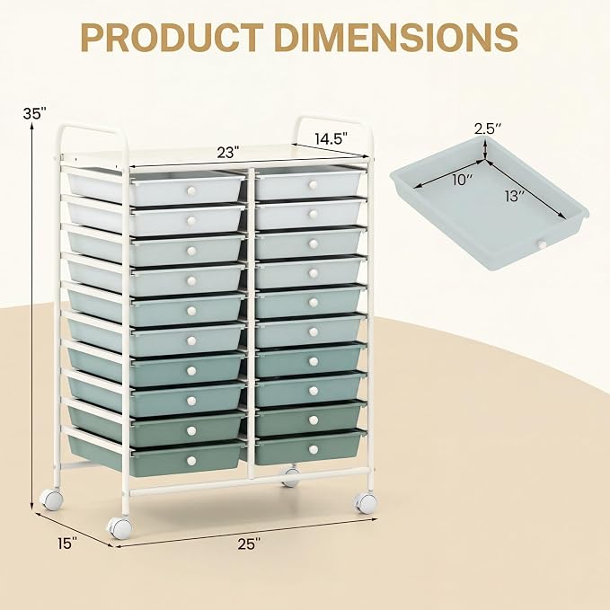 GOFLAME 20-Drawer Rolling Storage Cart, Art Craft Organizer Cart, Mobile Utility Storage Cart with Removable Drawers & Lockable Wheels, Craft Cart for Home Office School, Green Gradient
