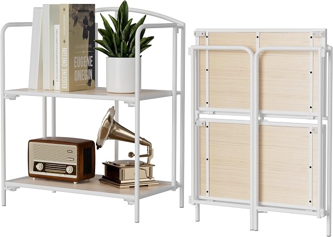 Crofy 2-Tier Foldable Bookshelf, White Frame & White Oak Shelves | No-Assembly Collapsible Portable Storage Organizer; Sturdy White Oak Finish Shelves; Ideal for Living Room & Home Office