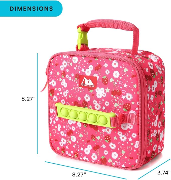 Arctic Zone Kids Lunch Box Combo with Gel Ice Pack and Sandwich Container, Insulated Bag for Travel Lunch, Sensory Fidget Toy Handle, Very Berry Cherry