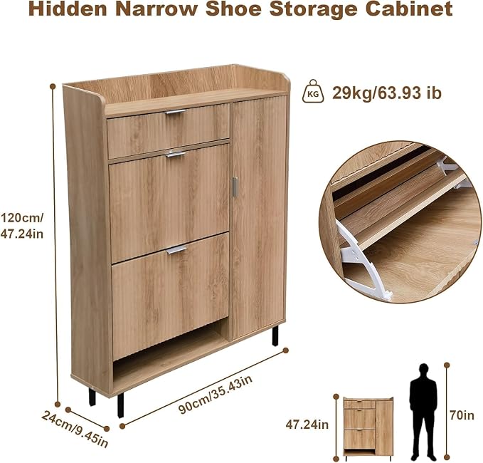 GarveeHome Narrow Wave Pattern Shoe Storage Cabinet with 2 Flip Down Drawers, Freestanding Entryway Shoe Organizer with Adjustable Inner Shelves & Metal Legs for Hallway Bedroom Small Spaces