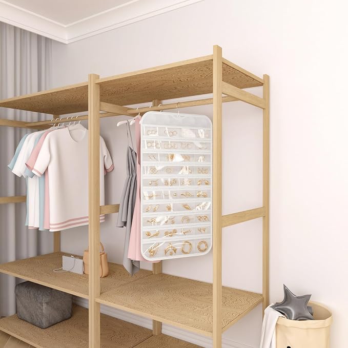 Hanging Jewelry Organizer 80-Pocket Double-Sided Storage, 1-Pack, White | Foldable clear PVC 80-pocket storage; swivel hook fits walls, doors & rods to organize earrings, necklaces, bracelets & rings