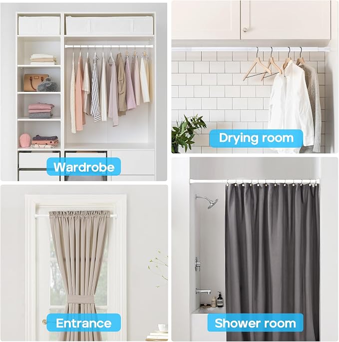 2Pack White Shower Curtain Rod 45 to 77 Inch,Shower Rods for Bathroom,Spring Tension Curtain Rod No Drilling for Windows Doors Closet Kitchen Wardrobe
