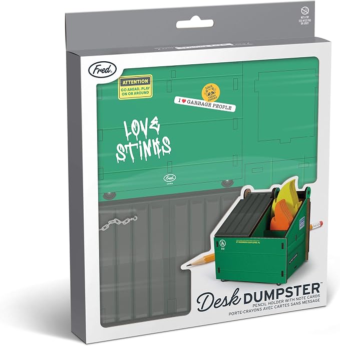 Genuine Fred Desk Dumpster Pencil Holder with 100+ Flame Note Cards, Funny 3-Compartment Organizer for Office Supplies, Desk Caddy for Work or Home