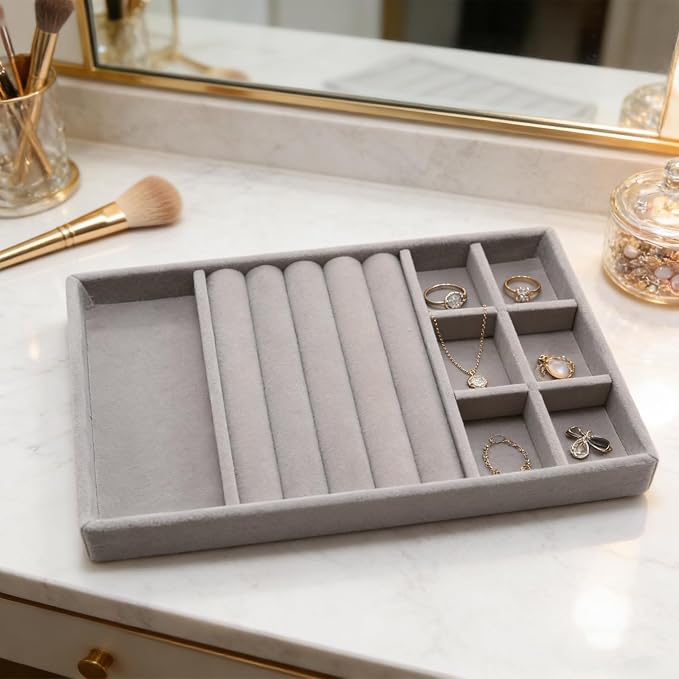 Velvet Jewelry Organizer Trays Gray Stackable Jewelry Storage Display Tray with Removable Dividers, 3-in-1
