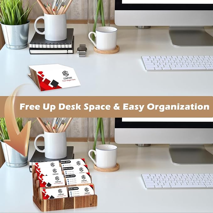 DLUGOPIS 4 Tier Acacia Wood Business Card Holder Desktop Business Card Display Stand Multiple Wood Business Card Organizer Gift Card Display Rack Pamphlet Display Stand for Exhibition Home Office