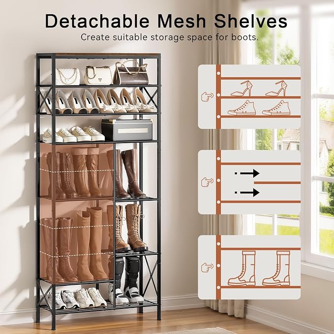 10-Tier Shoe Rack, Shoe Storage Organizer with Boots Storage, Large Capacity Shoe Shelf Holds 27-30 Pairs of Shoes, Durable and Stable, for Entryway, Closet, Hallway, Dorm Room, Rustic Brown