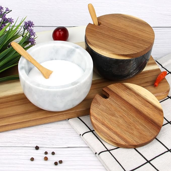Salt Cellar Box with Lid & Spoon, Modern White Stone Salt or Pepper Sugar Spice Seasoning Bowl Container Jar Holder Well Keeper Dish Pig Crock for Kitchen (Marble Bowl Set)