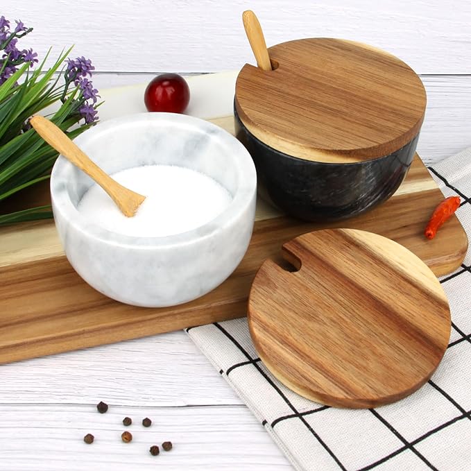 Salt Cellar Box with Lid & Spoon, Modern White Stone Salt or Pepper Sugar Spice Seasoning Bowl Container Jar Holder Well Keeper Dish Pig Crock for Kitchen (White Grey Marble Bowl)
