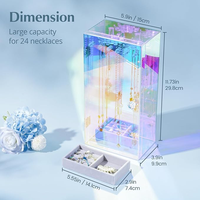 Lolalet Necklace Holder Organizer, Acrylic Jewelry Organizer with 24 Hooks, Rotating Clear Necklaces Display Box with Built-in Mirror, Dust-proof Jewelry Storage Case with Velvet Tray -Lasermirror