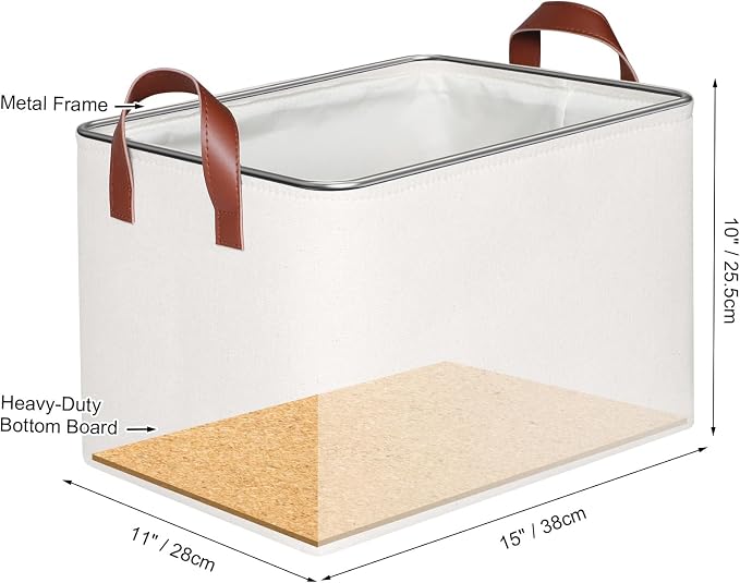 KEEGH Storage Baskets for Organizing Cube Storage 15 in, 4 Pack, White | Fabric Material, With Leather Handle, Closet Organization, Storage Bins for Living, Bedroom, Study