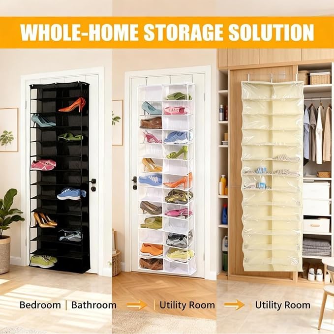 Hoodie Sweatshirt Storage Organizer, Over the Door Sweatshirt Organizer, 26-Pocket Clear Holder, Pockets Wall Shoes Bag, Portable Closet Wardrobe,63"L X 22"W X 6.3"H,Cabinet Behind The Doors (Black)