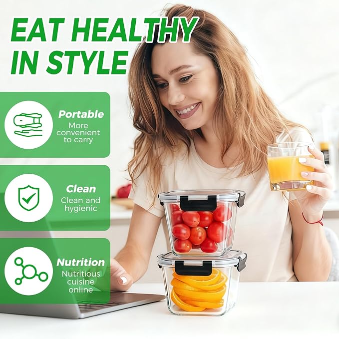 32 oz Glass Soup Containers with Lids, 4 Cup Glass Storage Containers with lids, Airtight Leak Proof, Food Grade Glass Containers, Microwave, Oven, Freezer and Dishwasher, BPA Free
