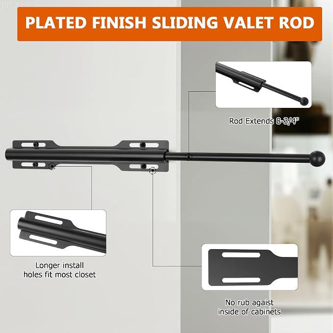 Valet Rod for Closet Pull Out, Retractable Slide Out Rod for Closet, Black