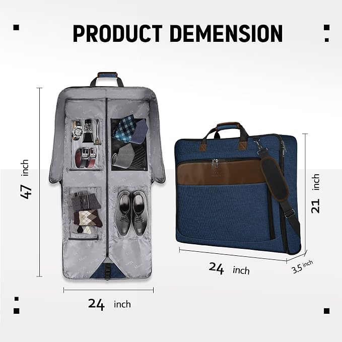 MATEIN Travel Garment Bags, Large Convertible Carry On Garment Bag, Blue | Wrinkle-Free, Hanging Travel Suit Luggage, 2 in 1 Suit Carrier Suitcase, Shoulder Strap, For Business Trip, For Men Women