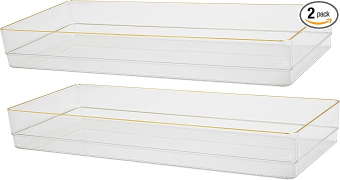 Martha Stewart Kerry Plastic Stackable Office Desk Drawer Organizers, 15" x 6", 2 Pack, with Gold Trim