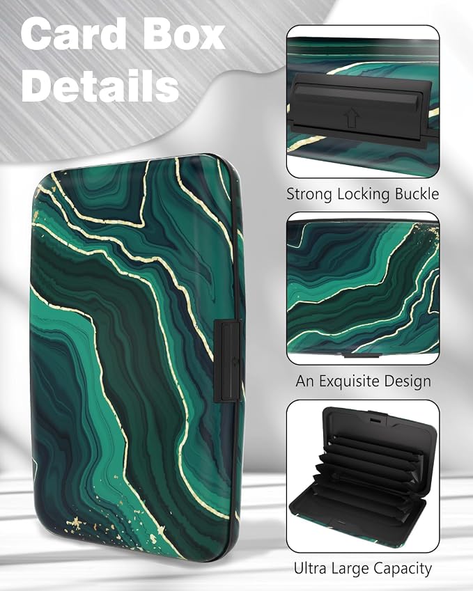 Maicican Credit Card Holder, Mini RFID Blocking Aluminum Wallet | Slim Metal Hard Case Travel Wallet ID Case for Women and Men, 4.3 x 2.9 Inches, Green Marble