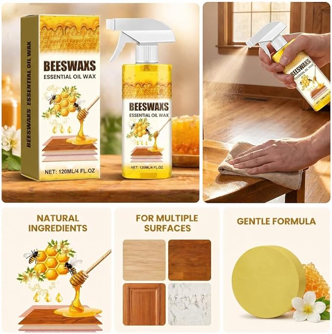 Beeswax Wood Polish Spray, Natural Furniture Cleaner & Restorer, Removes Scratches, Conditions & Protects Cabinets, Floors, Tables, Multi-Surface Wood Care (4oz)