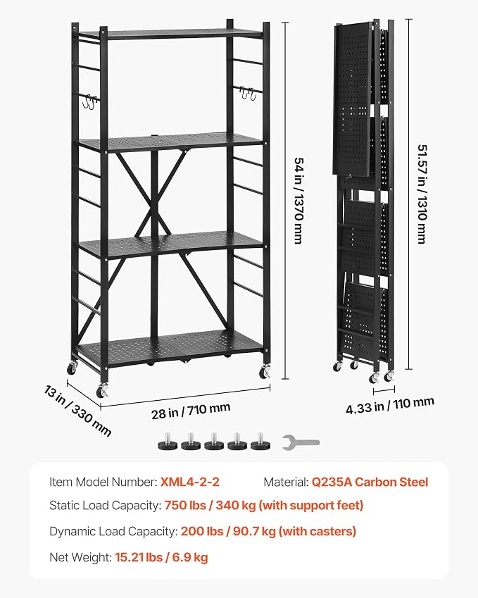 VEVOR 4-Tier Foldable Storage Shelf, 28W x 13D x 54H Inch Folding Metal Rack Shelving Unit, No Assembly Organizer Shelf with 5 Wheels & 4 Hooks for Pantry, Kitchen, Garage, Basement, Black