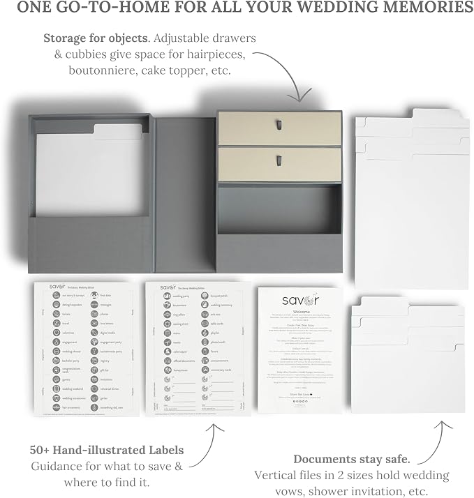 Savor Wedding Gifts Keepsake Box - Ideal Wedding Gifts for Newlyweds - Memory Storage with 52 Hand-Illustrated Labels & 10 File Folders - Elegant & Durable Design, Slate, Caroline