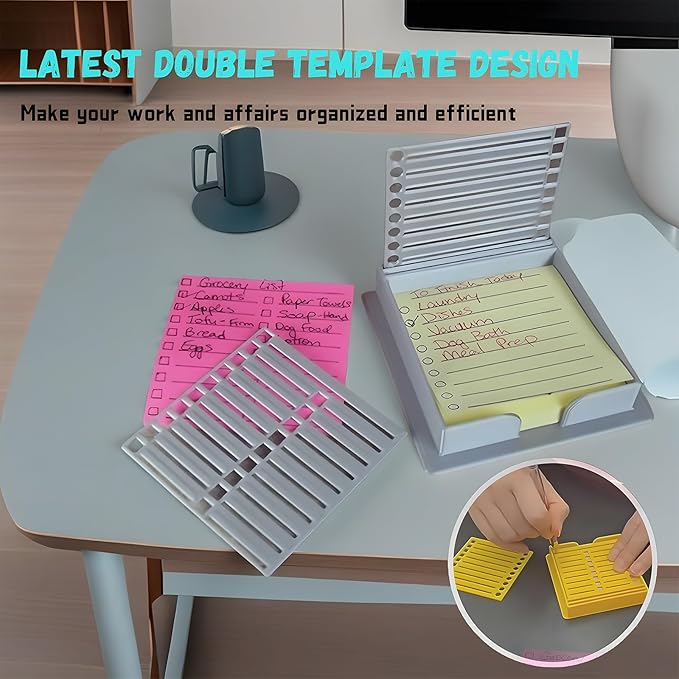Sticky Note Stencil, Sticky Note Holder with Stencil 3x3 Sticky Note Line Stencil and Holder, Perfect for to-Do Lists, Home, Office, Sticky Notes Dispenser, Reusable Note Organizer (Blue)