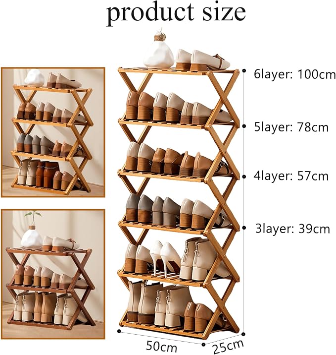 Jessie Bamboo Shoe Rack,Free Standing Shoe Rack for Closet,Portable Folding Shoe Storage Rack, Space Saving,Shoe Shelf for Bedroom Entryway Hallway Closet Living Room (Primary-6 Tier)