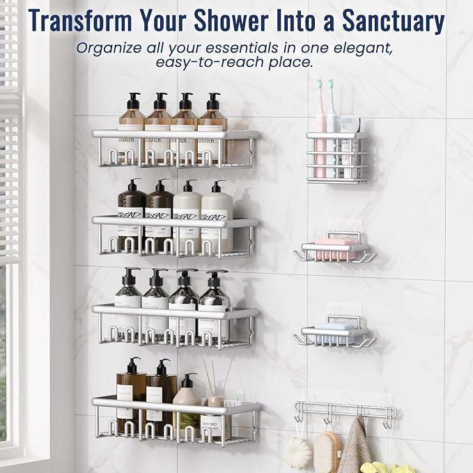 8 Pack Adhesive Rustproof Shower Caddy with Soap Dishes, Toothbrush Holder & Hooks, Large Capacity No-Drilling Shower Shelves Rack for Bathroom Organizers and Storage Accessories, Silver