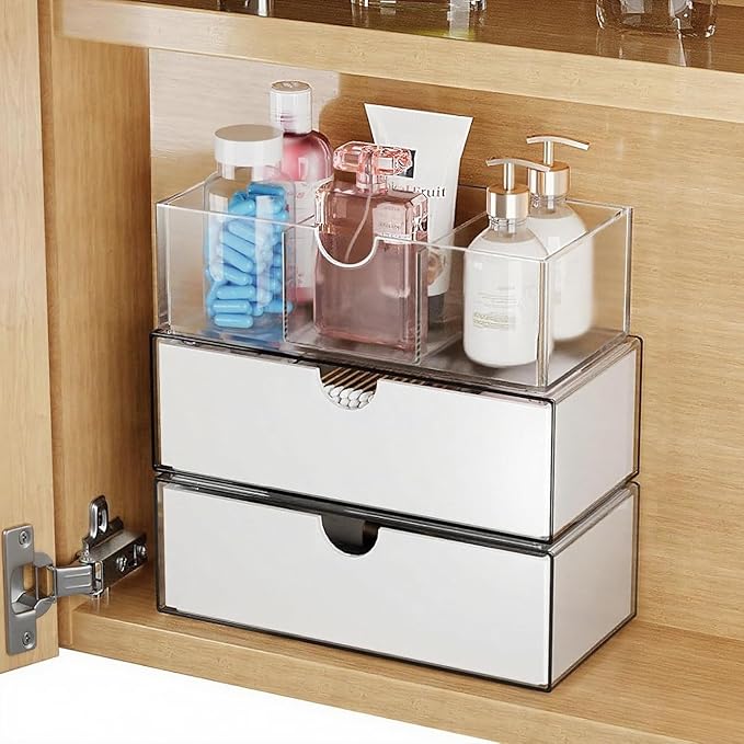3 Tier Medicine Cabinet Organizer and Storage,Stackable Bathroom Medicine Organizer with Removable Dividers, Plastic Vanity Storage,White