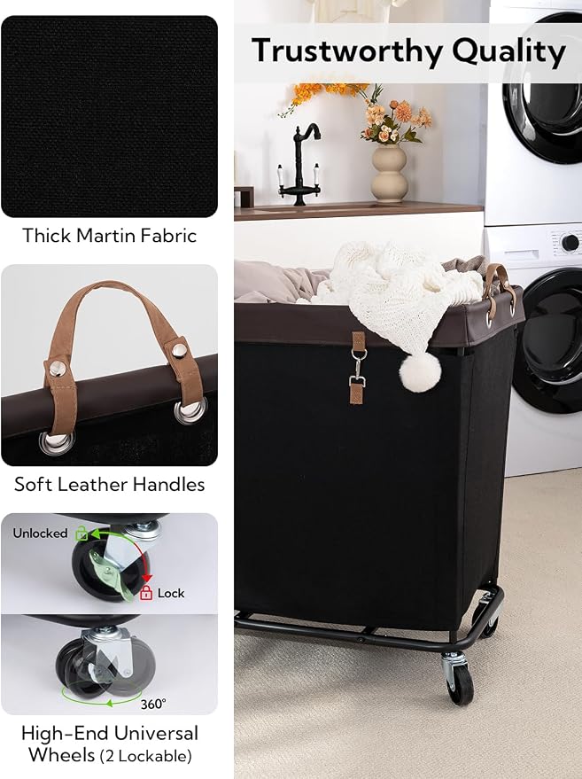 StorageWorks Laundry Basket with Wheels for Clothes, 320L Black Hamper Cart