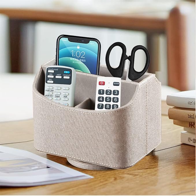 360° Rotating Remote Control Holder, PU Leather TV Remote Caddy Organizer Basket Storage Box with 5 Compartments for Pen, Pencil, Art Supplies, Makeup Brush, Office Desk Table Accessories | Nightstand Organizer Storage Box with 5 Compartments for Penci...
