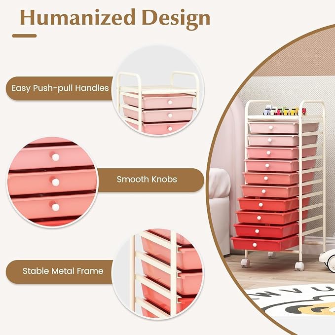 LDAILY 10-Drawer Rolling Storage Cart, Rolling Storage Cart, Storage Organizer on Wheels, Metal Frame, Scrapbook Paper Tools, Suitable for Office School, Classroom (Gradient Pink, 10 Drawer)