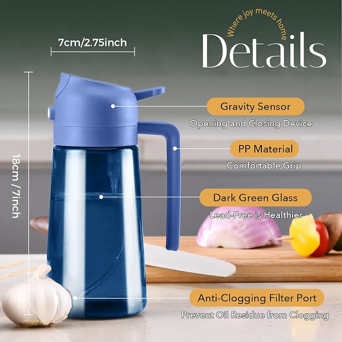YARRAMATE 16oz/470ml Light-Blocking Dark Oil Sprayer for Cooking, 2 in 1 Olive Oil Dispenser Bottle for Kitchen, Premium Blue Glass Oil Bottle, Food-Grade Oil Mister for Air Fryer, BBQ (BlackNavy)