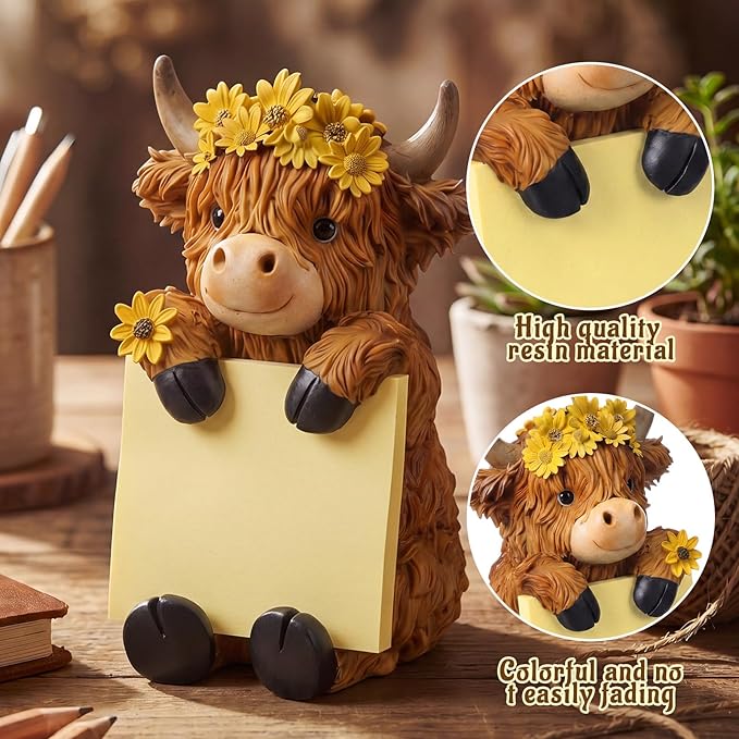Thenshop Back to School Sunflower Highland Cow Sticky Note Holder Fall Resin Highland Cow Pop up Note Dispenser with 100 Sheets 3 x 3 Inch Sticky Notes Desk Accessory for School Office Gifts