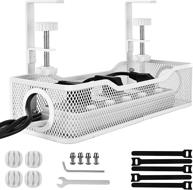 Under Desk Cable Management Tray Small – Clamp-Mounted Wire Organizer & Cord Management Under Desk Holder, No-Drill Metal Cable Tray for Home Office (White)
