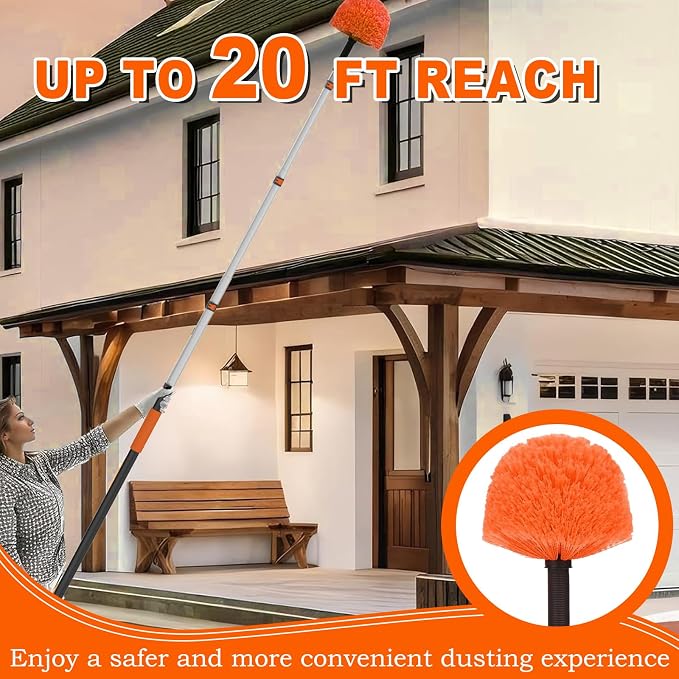 SISUPASSIE 20FT Reach Cobweb Duster with Extension Pole, High Ceiling Long Duster with 3-12FT Telescoping Pole, Spider Web Brush for Indoor Outdoor Use