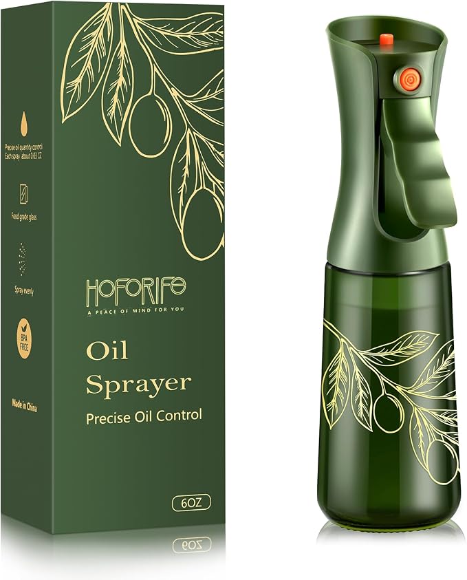 Glass Olive Oil Sprayer for Cooking 7.5 oz (Olive Green & Gold) | Oil Mister, Kitchen Refillable Continuous Oil Spray Bottle for Air Fryer, Portion Control, Leak Proof