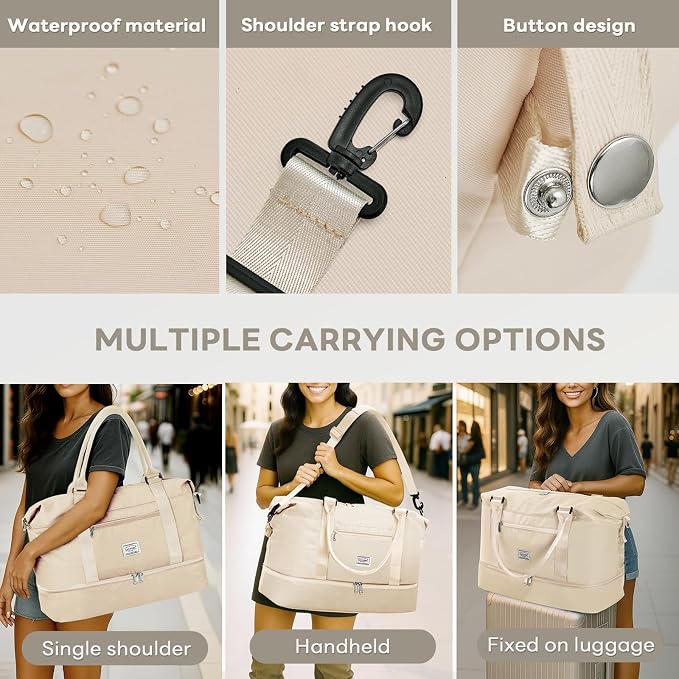 TANTOMI Travel Duffle Bag for Women Personal Item Travel Bag with Shoes Compartment, Weekender Overnight Bag Carry On Duffle Bag Tote Gym Bag for Travel, Sports, Hospital, Dance, Beige