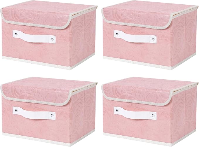 ANMINY 4PCS Fabric Storage Bin with Lid Rose Print Storage Box Basket with PU Leather Handles Washable PP Plastic Board Decorative Foldable Lidded Shelf Cubes Closet Organizer - Pink, Small Size