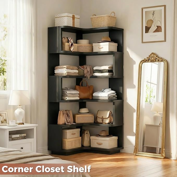 Besiost Corner Book Shelf, 6-Shelf Corner Bookshelf for Small Corner Spaces, L-Shape Bookcase Corner Display Shelf for Home Office, Living Room, Bedroom, Black
