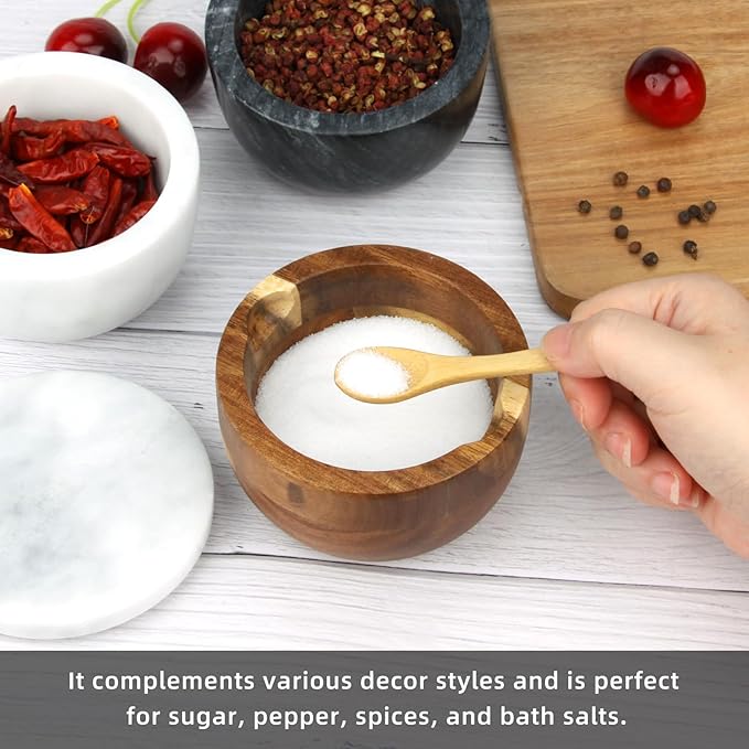 Salt Cellar Box with Lid & Spoon, Modern White Stone Salt or Pepper Sugar Spice Seasoning Bowl Container Jar Holder Well Keeper Dish Pig Crock for Kitchen (White Grey Marble Lid)