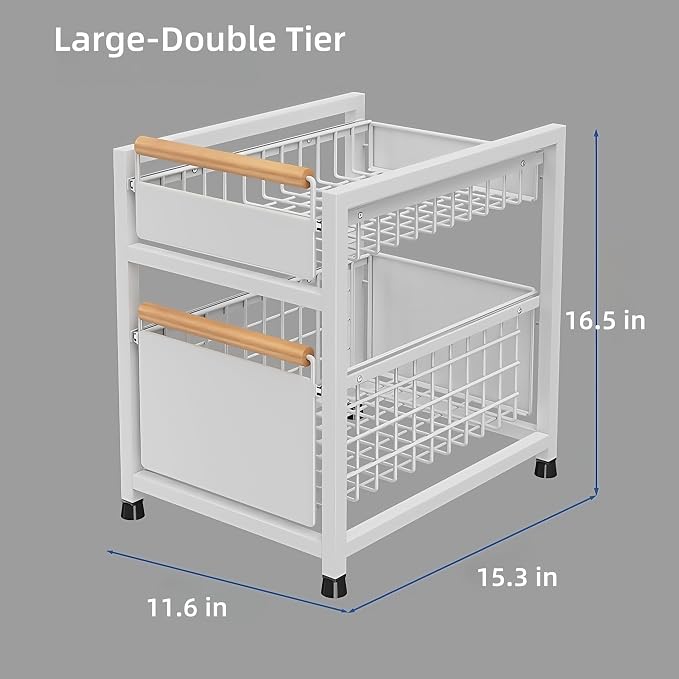 Pull Out Cabinet Organizer, Pull Out Basket Drawers for Cabinets, Slide Out Basket Drawers for Kitchen Cabinets, Under Sink Organizer for Kitchen, Bathroom (White Large Double-tier)