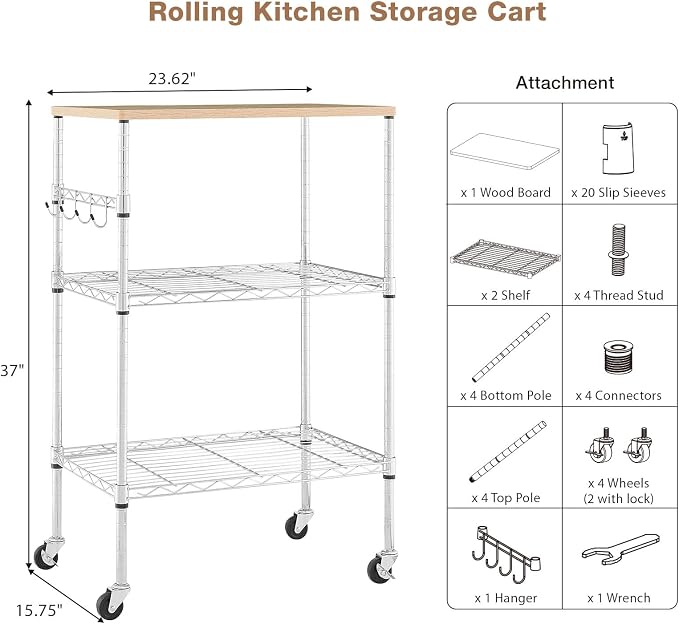 BolDuck 450Lbs Capacity Microwave Cart with Wheels, 3 Tier Rolling Cart with Adjustable Shelves, Multifunctional Metal Utility Storage Kitchen Carts on Wheels, 23.6" L*15.7" W*37" H, Wood+Chrome
