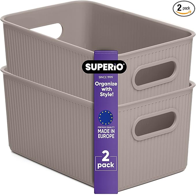 Superio Ribbed Collection - Decorative Plastic Basket Open Home Storage Bins Organizer, Medium Taupe (2 Pack) Container Boxes for Organizing Closet Storage Bins for Shelves Drawer Shelf 5 Liter