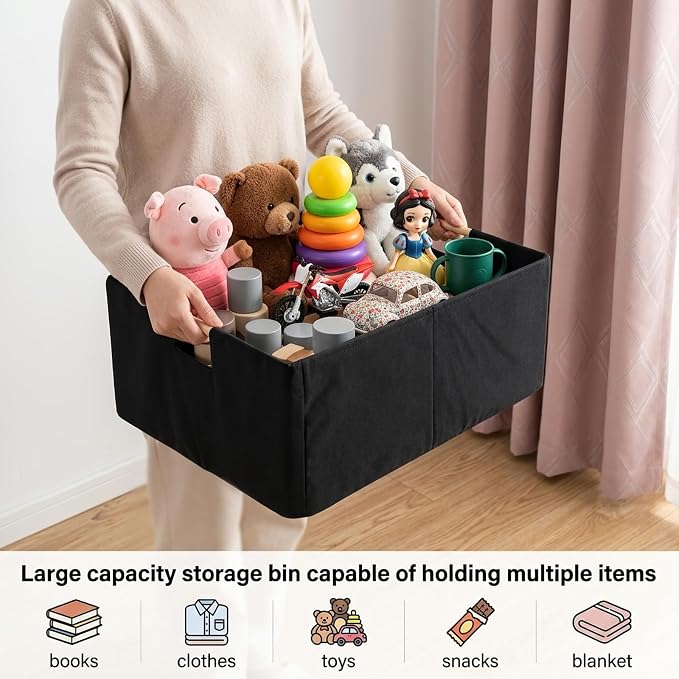 1Pcs Black basket Black Storage Baskets Linen Decorative Storage Bins with Wooden Handles Foldable Rectangular Storage for Shelves, Closets, Home, Office