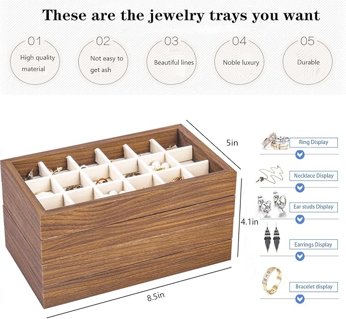 Wooden Jewelry Organizer Trays for Drawer, Stackable Jewelry Drawer Organizer Inserts, Set of 4 Jewelry Storage Flat Stacking Display Case Box for Rings Stud Necklaces(Beige)
