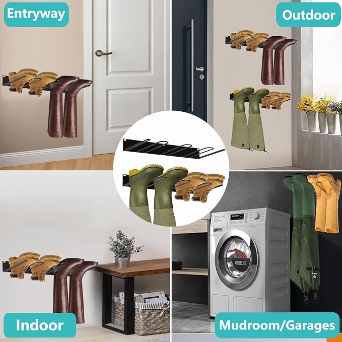 Boot Rack: Boot Hangers Wall Mount Holds 4 Pairs - Metal Wader Hangers Boots Storage Organizer Tall Boots Holder for Cowboy Garage Storage Closet Entryway Outdoor Drying, Black