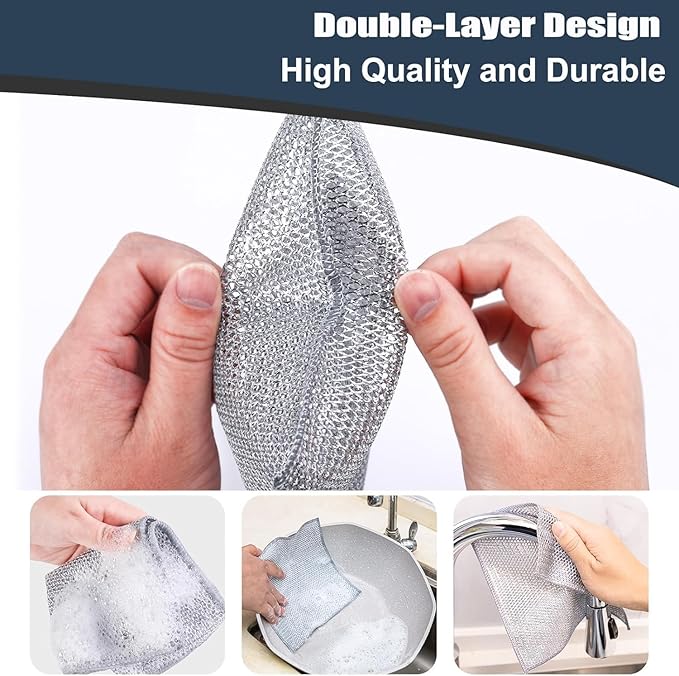 KOOCE Non Scratch Dish Wash Cloth for Kitchen Reusable Non Scratch Wire Dish Cloth Multipurpose Wire Dishwashing Rags for Wet and Dry Cleaning Scrubber Dish Cloth (12 Pcs [Double Layer])